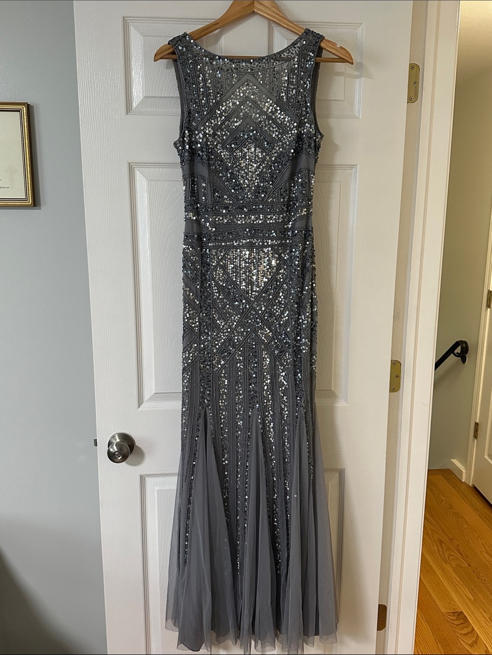Adrianna Papell Gray Sequin Beaded Maxi Gown